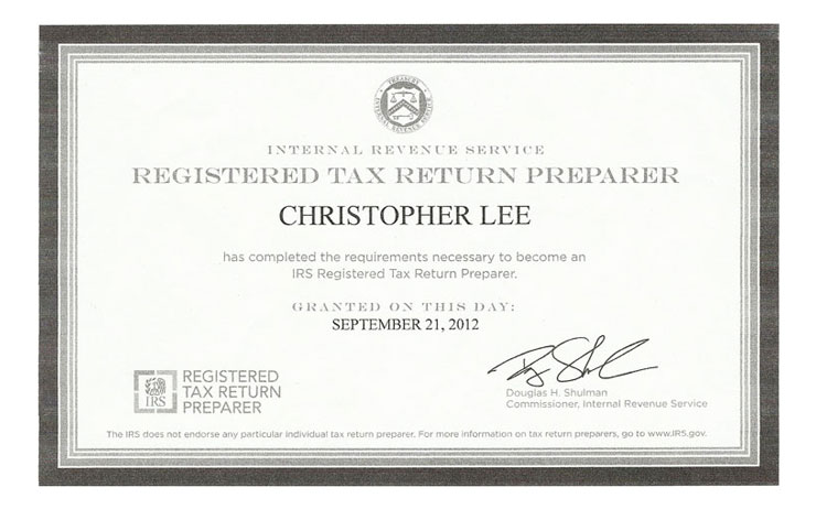 IRS Registered Tax Return Preparer Certificate